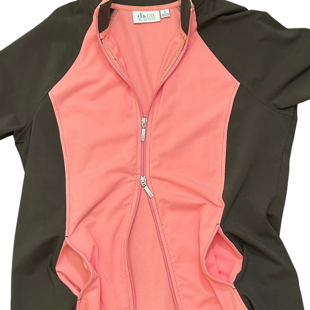 d&co ACTIVE Women's Track Jacket Pink Coral Olive Green Funnel Neck Size Medium